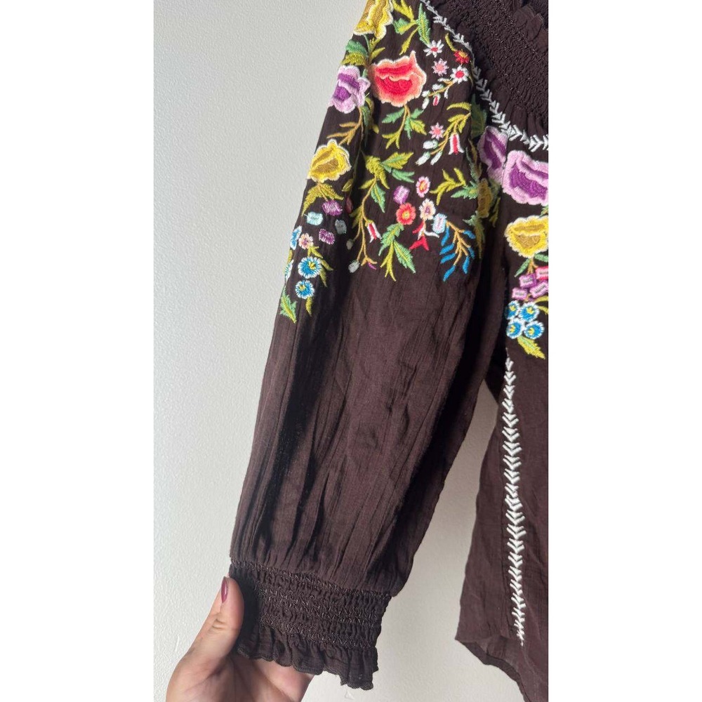 Sundance Amora Blooms Embroidered Peasant Blouse S Floral Boho Smocked Cotton - Picture 6 of 8